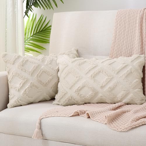Boho Kissenhüllen 45x45 cm – Flauschig in Beige, 2er Set
