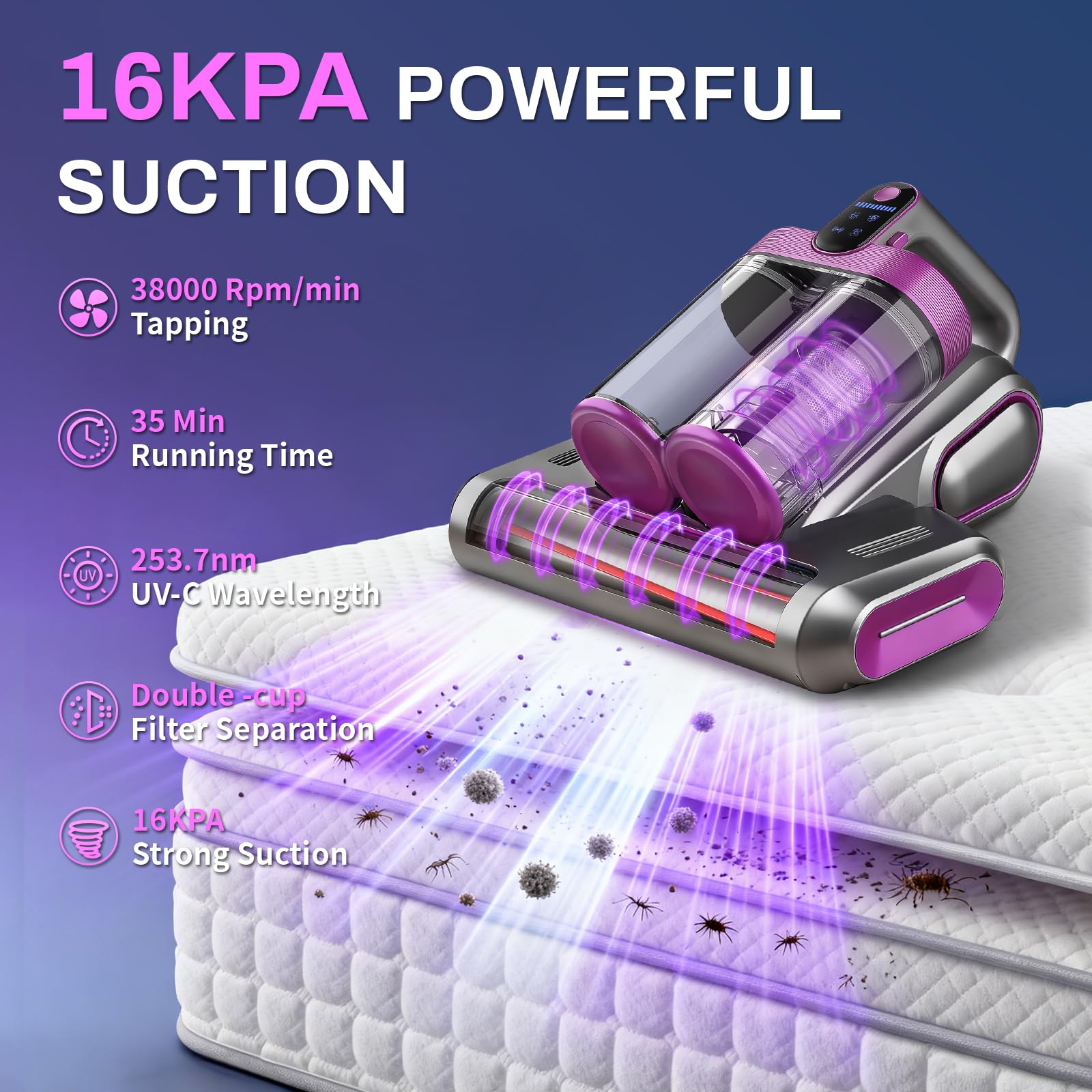 Cordless Mattress Vacuum Cleaner, 16kpa Bed Vacuum Cleaner with 253.7nm Uv-C Light & Ultrasonic Tech Dual Bins for Dust & Widen Suction Port 120w for Bed Sofa & Pet Hair(Purple)