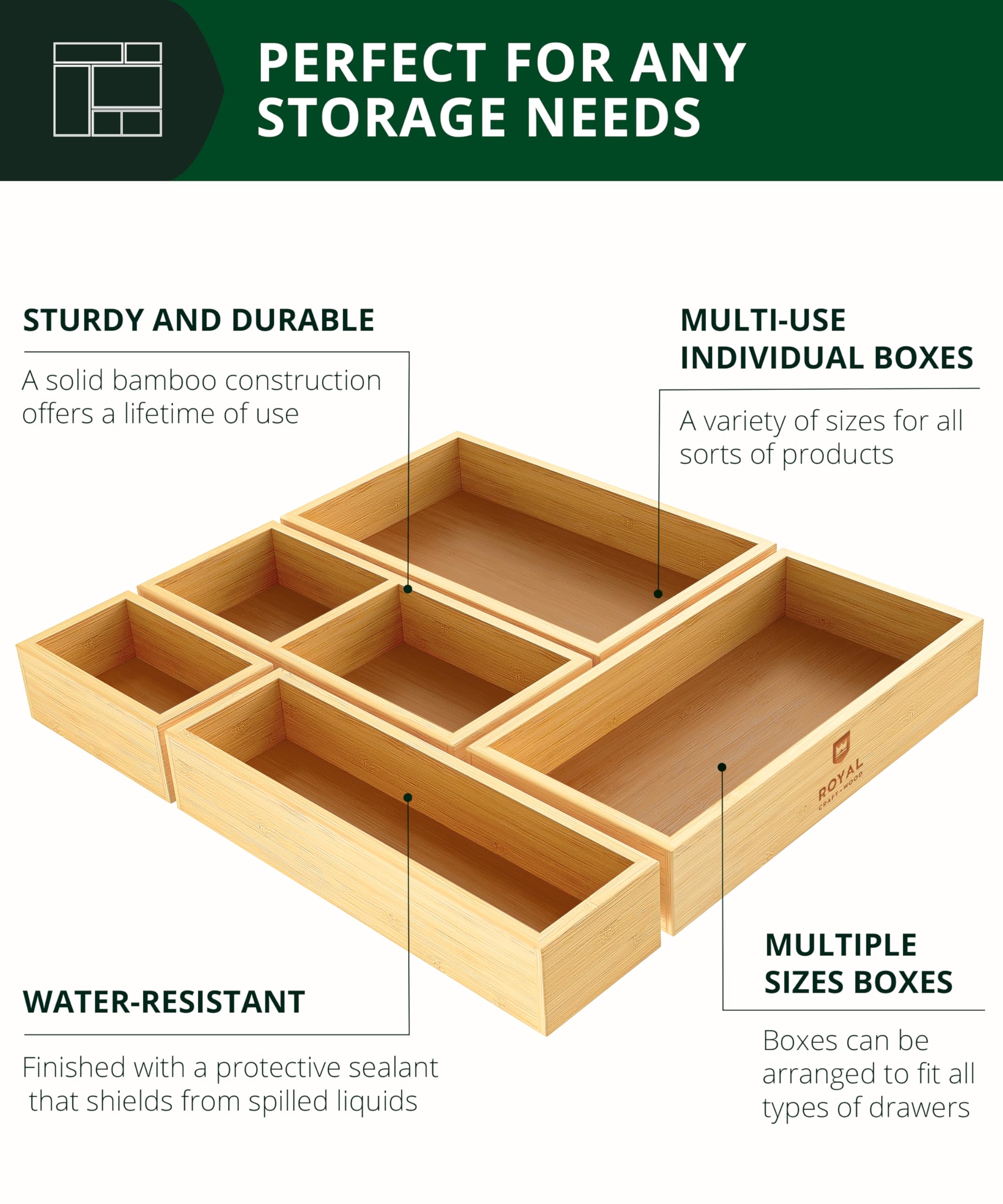 Bambus Schubladen-Organizer Set – 5-teilig für Küche & Bad