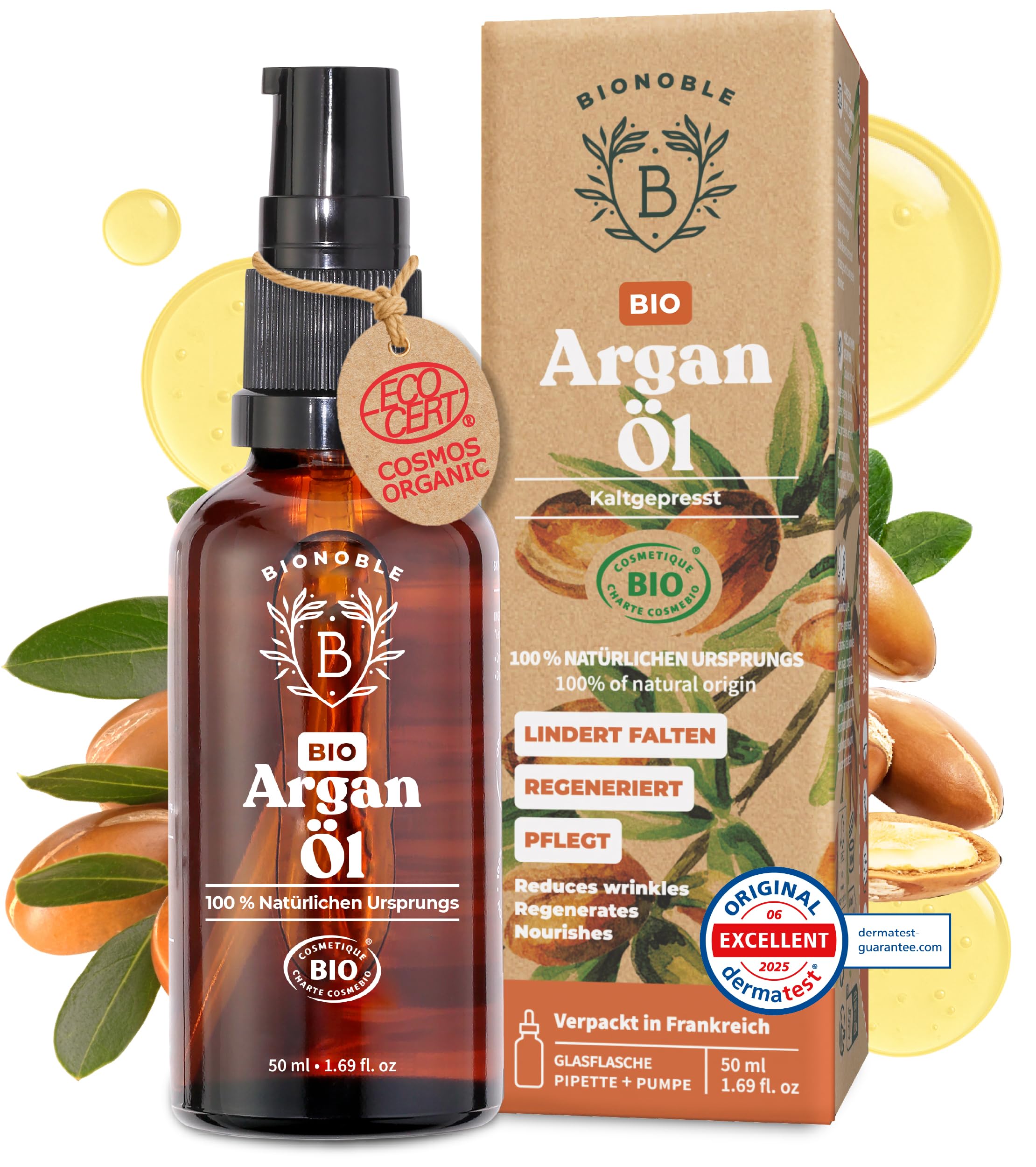 Bionoble Organic Castor Oil, 50 ml, 100% Pure, Natural and Cold Pressed, for Eyelashes, Eyebrows, Hair, Beard, Nails, Vegan and Cruelty-Free, Glass Bottle + Pipette + Pump