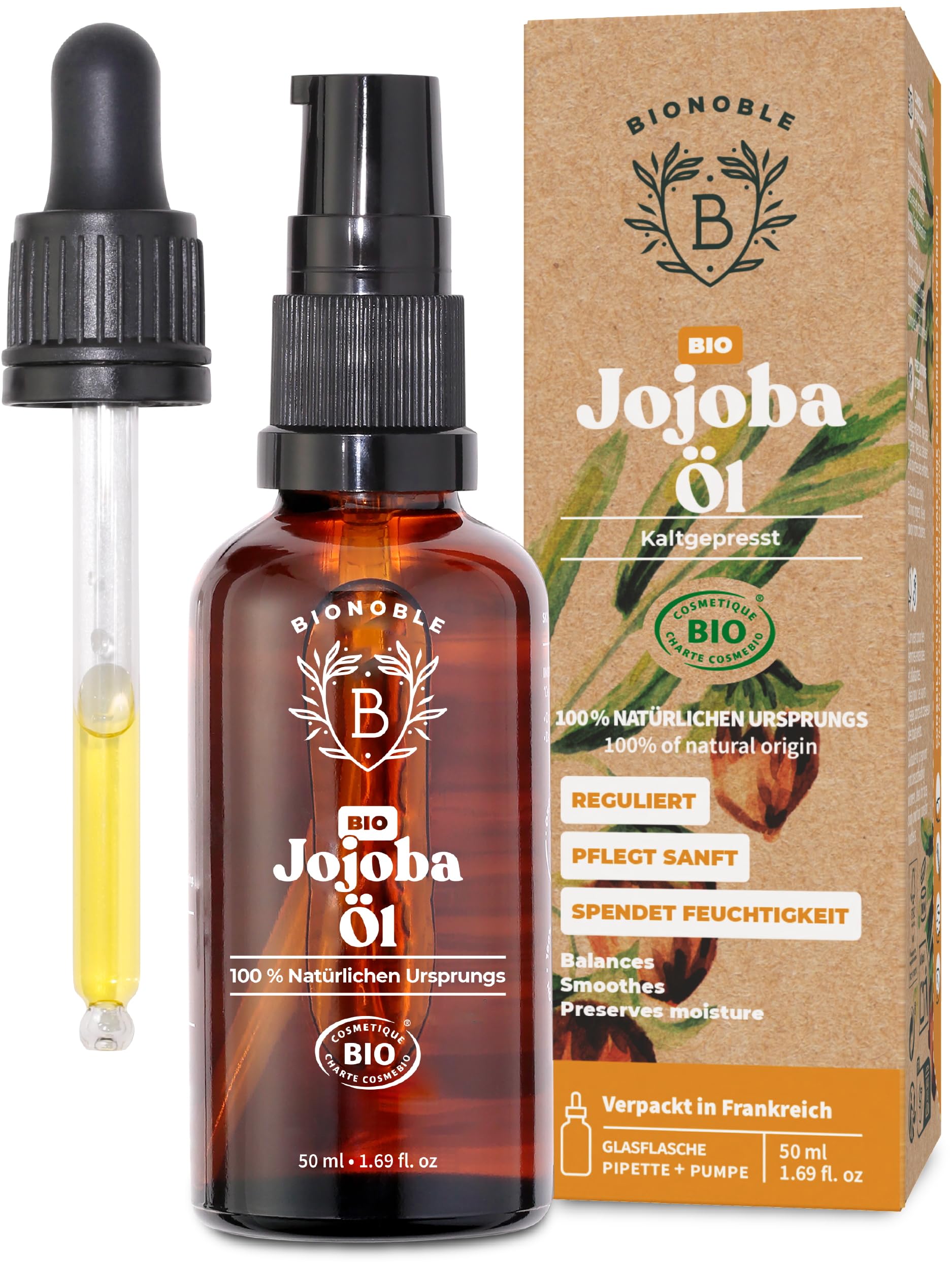 Bionoble Organic Castor Oil, 50 ml, 100% Pure, Natural and Cold Pressed, for Eyelashes, Eyebrows, Hair, Beard, Nails, Vegan and Cruelty-Free, Glass Bottle + Pipette + Pump