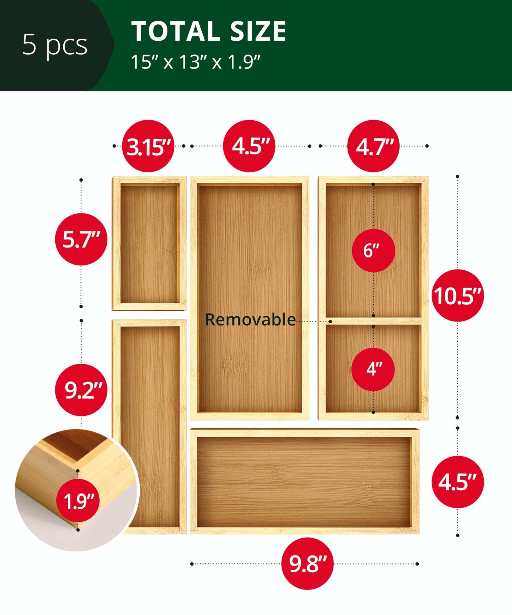 Bambus Schubladen-Organizer Set – 5-teilig für Küche & Bad