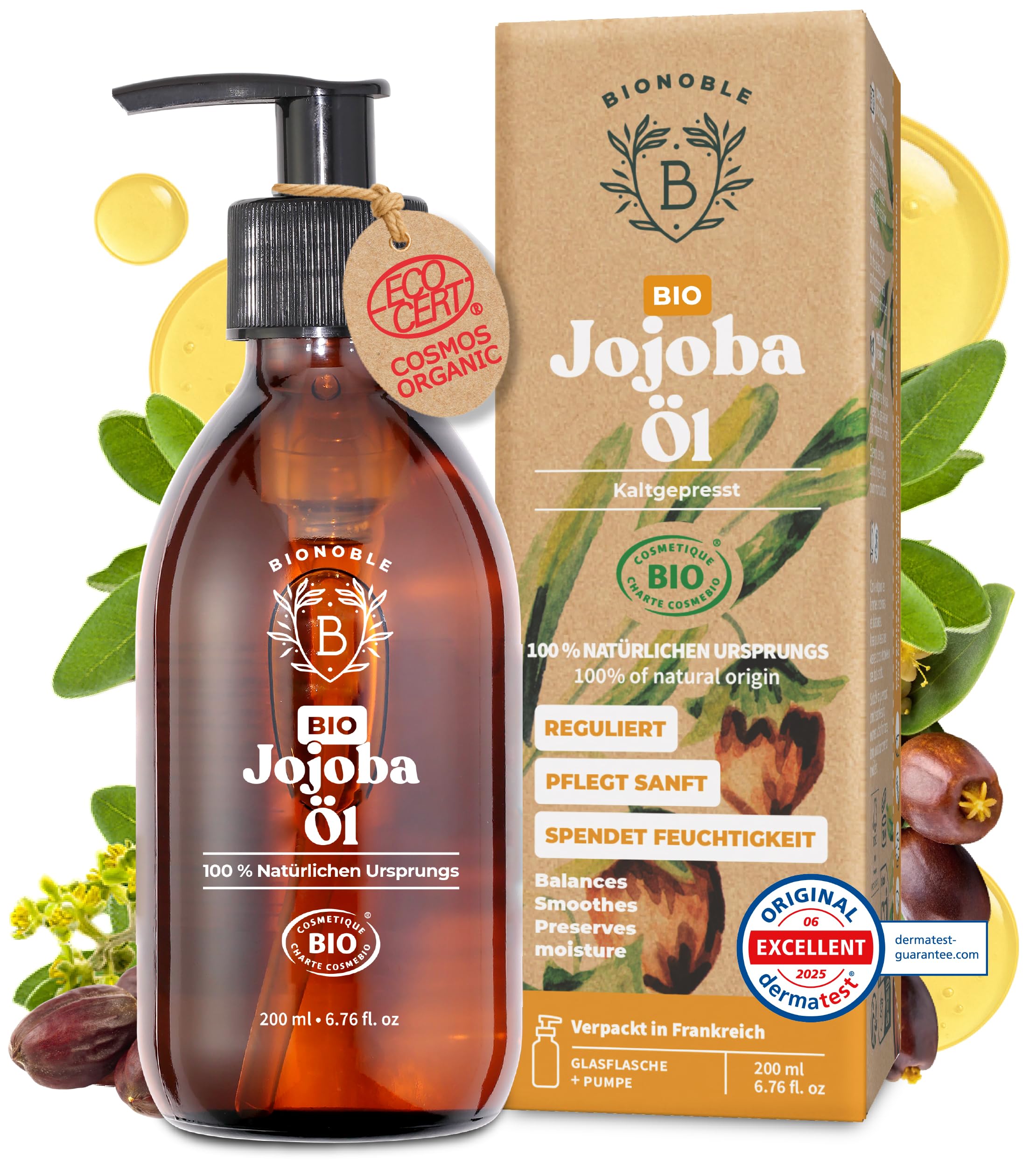 Bionoble Organic Castor Oil, 50 ml, 100% Pure, Natural and Cold Pressed, for Eyelashes, Eyebrows, Hair, Beard, Nails, Vegan and Cruelty-Free, Glass Bottle + Pipette + Pump