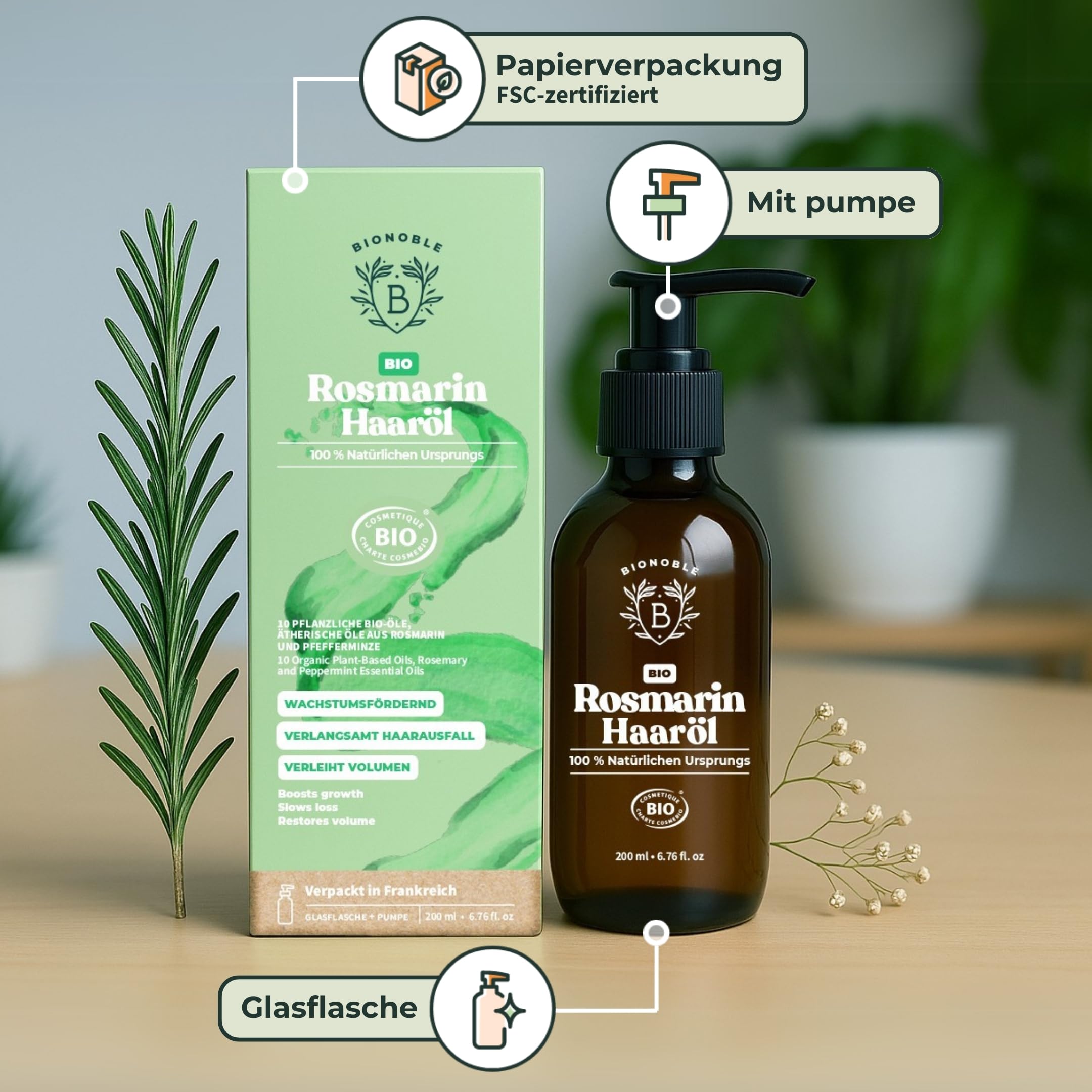 Bionoble Organic Castor Oil, 50 ml, 100% Pure, Natural and Cold Pressed, for Eyelashes, Eyebrows, Hair, Beard, Nails, Vegan and Cruelty-Free, Glass Bottle + Pipette + Pump