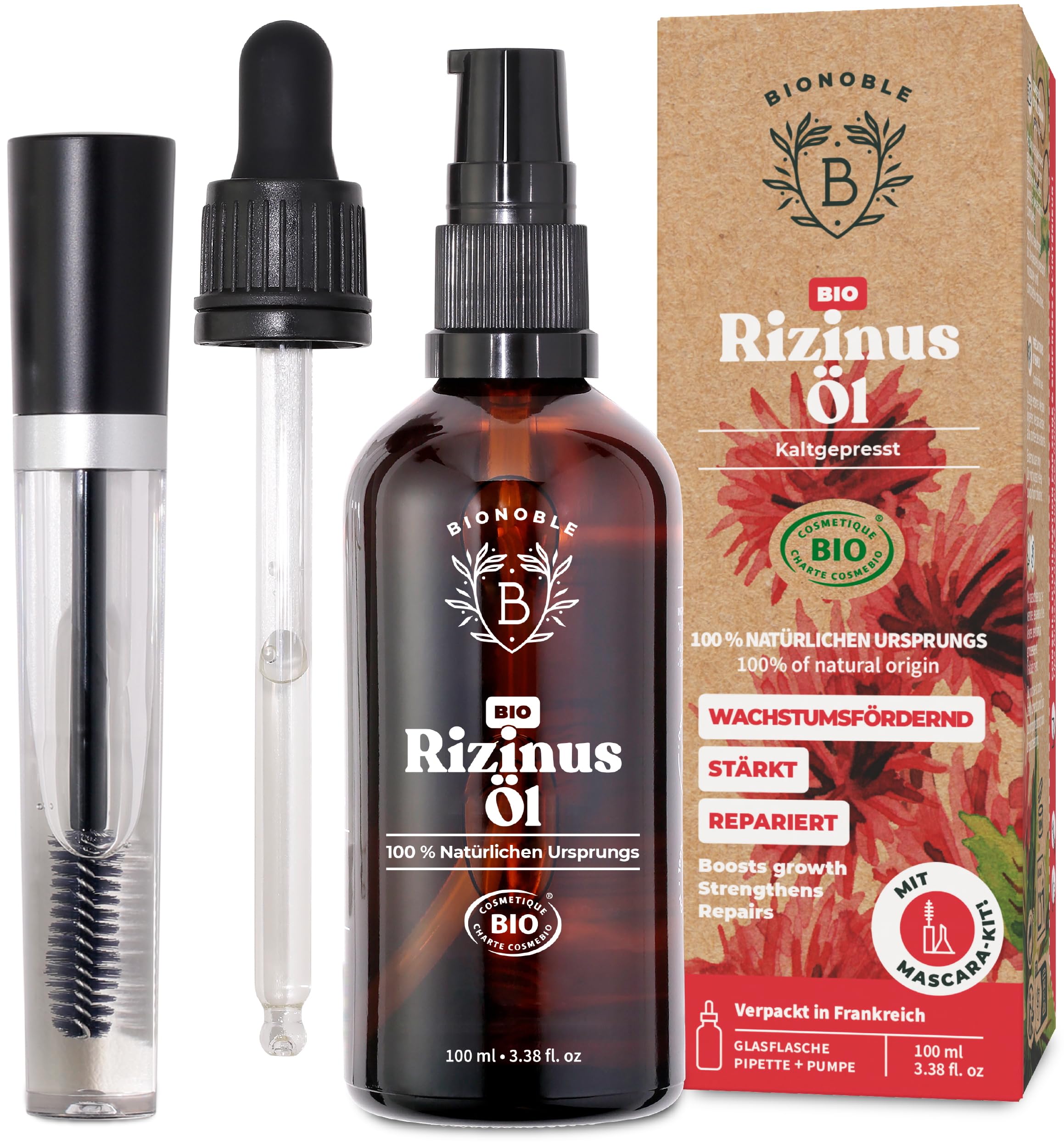 Bionoble Organic Castor Oil, 50 ml, 100% Pure, Natural and Cold Pressed, for Eyelashes, Eyebrows, Hair, Beard, Nails, Vegan and Cruelty-Free, Glass Bottle + Pipette + Pump