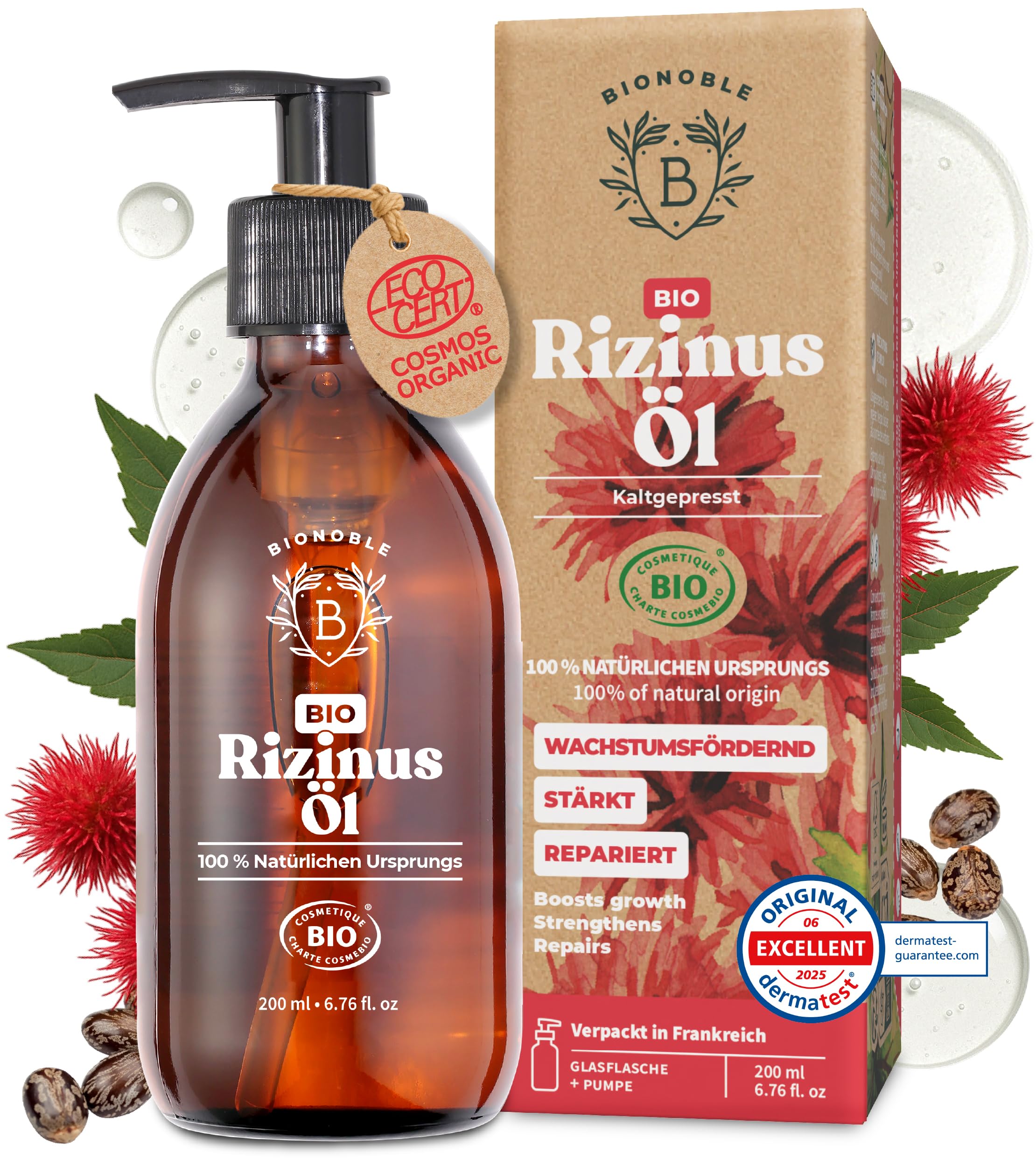 Bionoble Organic Castor Oil, 50 ml, 100% Pure, Natural and Cold Pressed, for Eyelashes, Eyebrows, Hair, Beard, Nails, Vegan and Cruelty-Free, Glass Bottle + Pipette + Pump