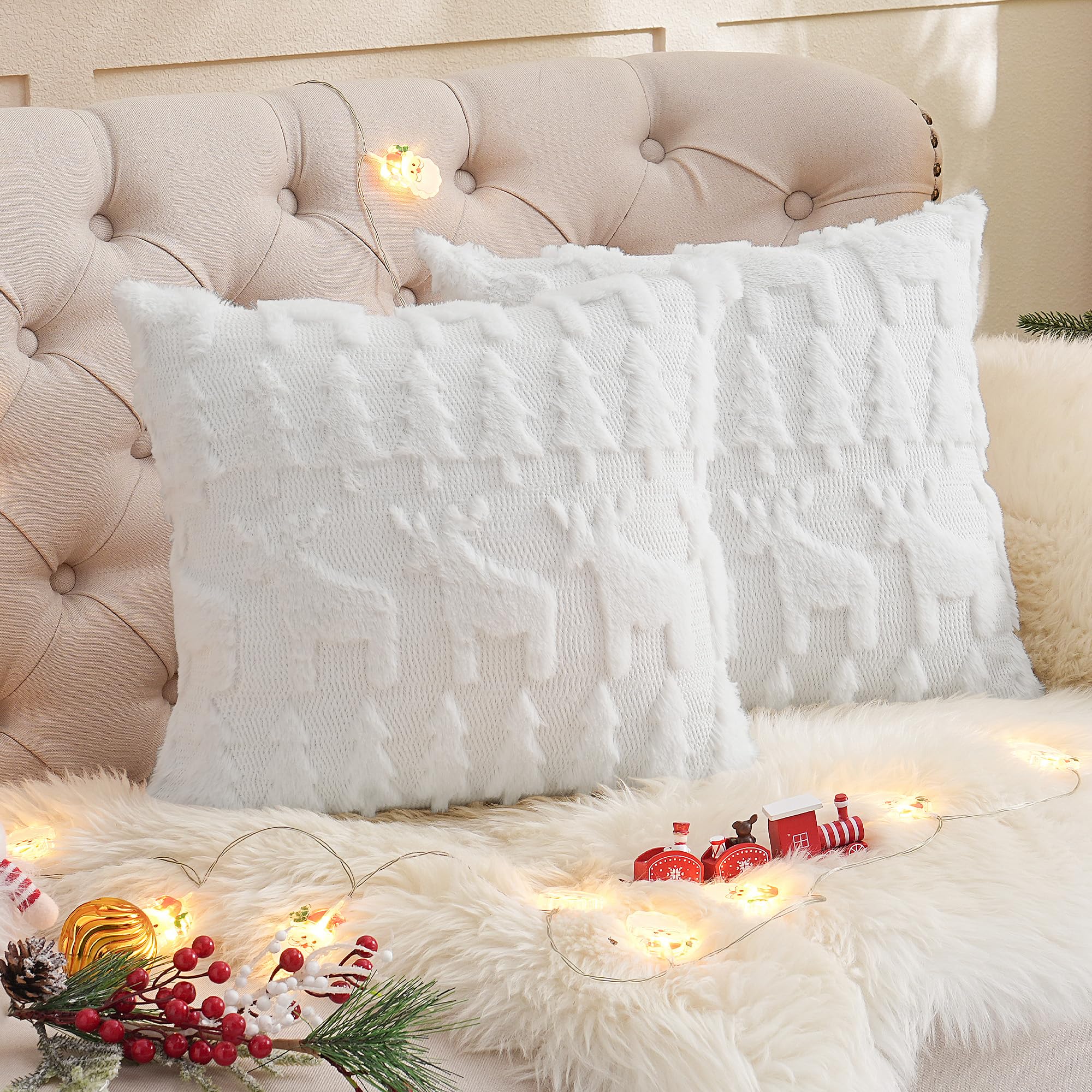 Boho Kissenhüllen 45x45 cm – Flauschig in Beige, 2er Set