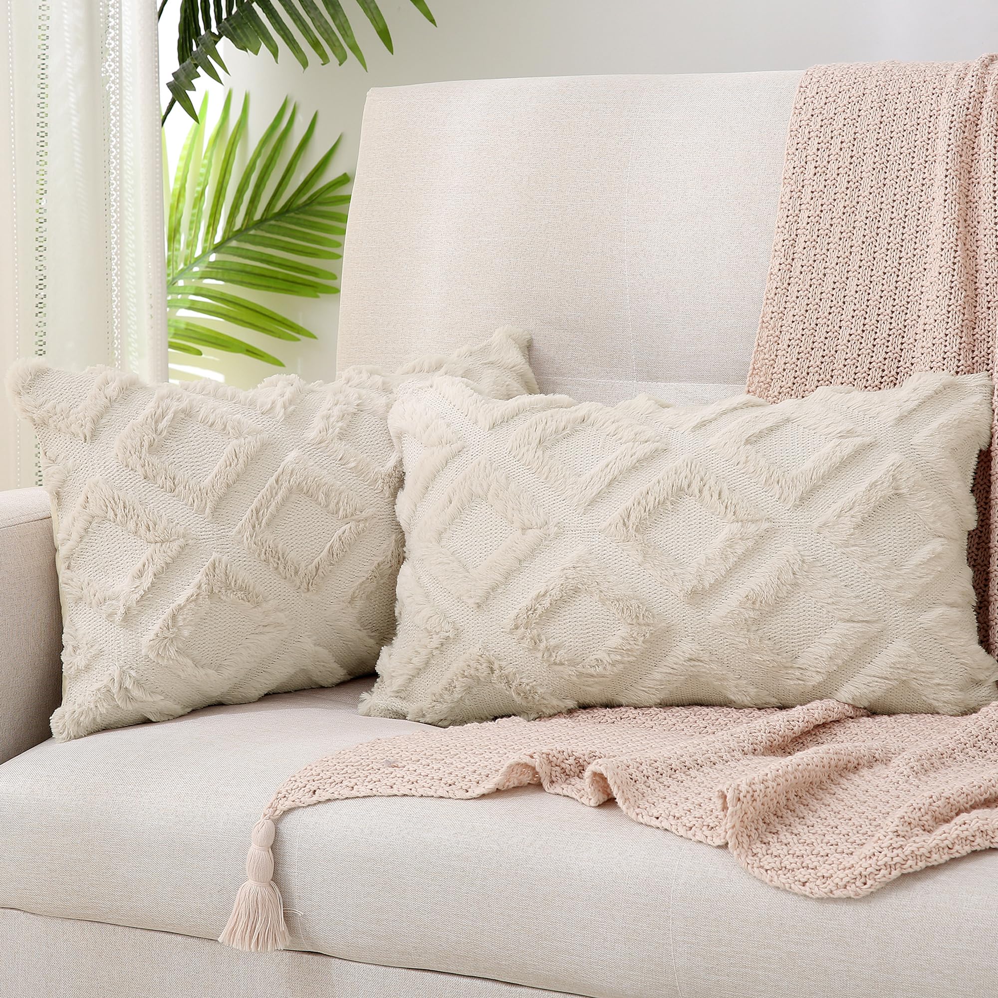 Boho Kissenhüllen 45x45 cm – Flauschig in Beige, 2er Set